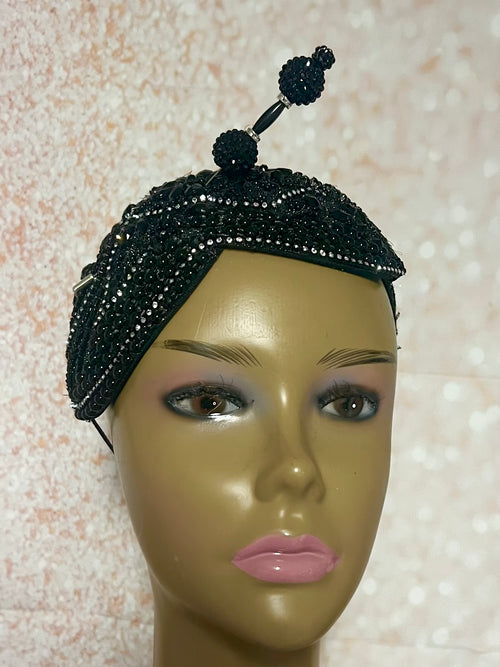 Black Double Cup Beaded Half Hat Fascinator for Church and Special Occasion