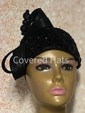 Black Beaded Half Hat Fascinator for Church and Special Occasion Headwear