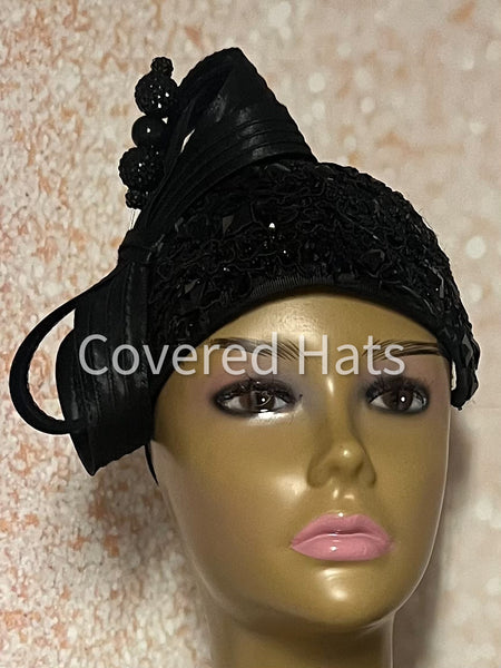 Black Beaded Half Hat Fascinator for Church and Special Occasion Headwear