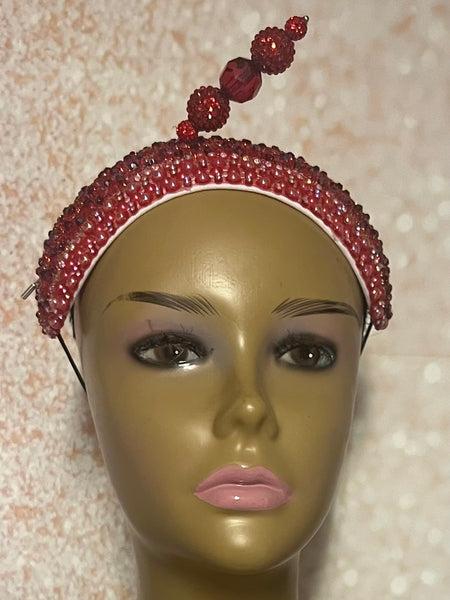 Red Beaded Crystal Fascinator Headband Half Hat, Church and Special Occasion Headpiece