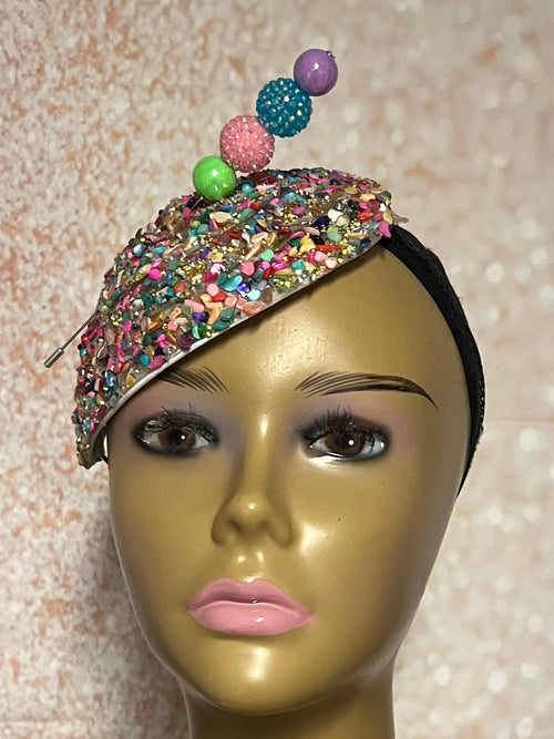 Multicolor Crystal Rhinestone Beaded Fascinator Half Hat, Church Head Covering, Headwear, Tea Parties Weddings and other special occasions
