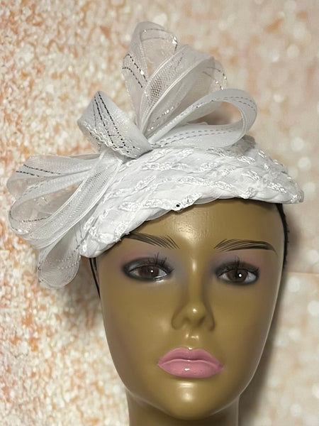 White Felt Flower Half Hat for Church Head Covering, Weddings, Tea Parties and Special Occasions