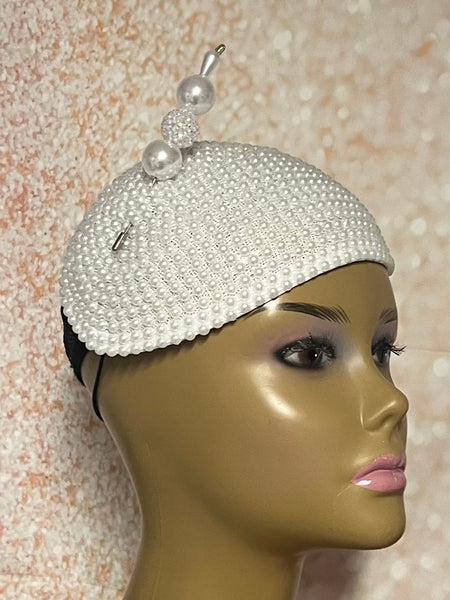 White Beaded Pearl Half Hat Fascinator for weddings, church and special occasions, Gift for Mom, Sister, Wife, Her