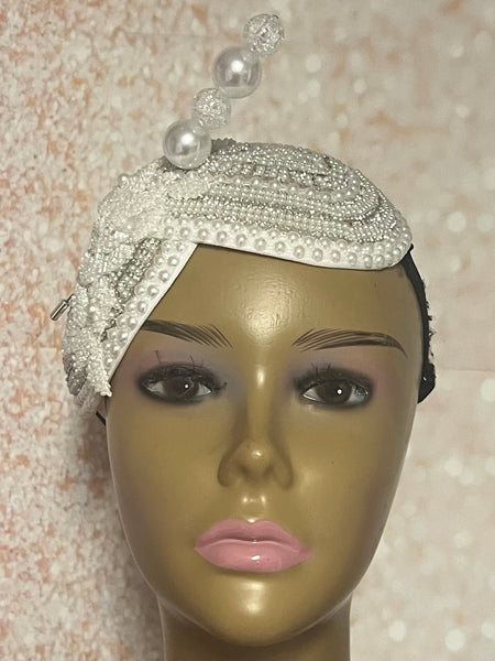 White Teardrop Double Cup Half Hat Fascinator for weddings, church, tea parties and special occasions