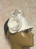 White Rhinestone Beaded Half Hat Fascinator for Church, Weddings and Special Occasion