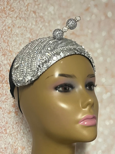 Silver Rhinestone Sequin Headband Fascinator Half Hat, Church Head Covering with Bow