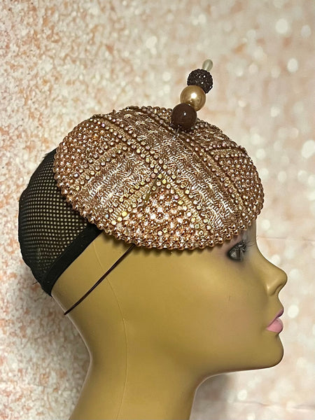 Bronze/Gold/Brown Beaded Button Fascinator Half Hat for Church, Tea Parties, Weddings and other special occasions