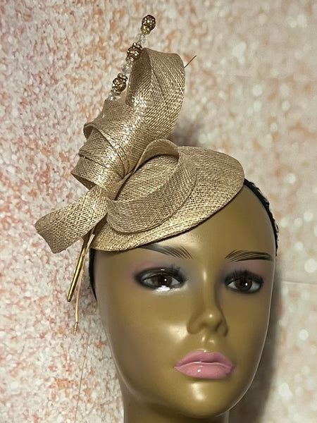 Gold Sinamay Fascinator Half Hat for church, weddings, tea parties and other special occasions