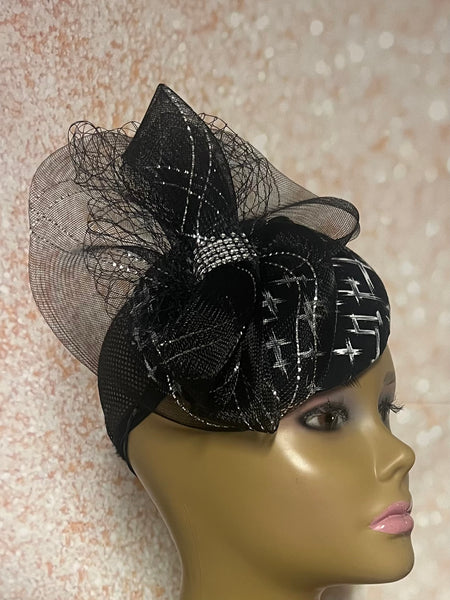 Black and White Patterned Fascinator Half Hat for Church Head Covering, Tea Party, Wedding and Other Special Occasions