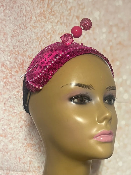 Fuchsia Pink Crystal Sequin Beaded Headband Hat | Pink Fascinator Hat for Church, Wedding, Tea Party