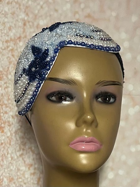Beaded Double Teardrop Fascinator Hat, Royal Blue, Light Blue, Special Occasion Headwear