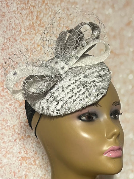 Silver and White Sequin Disc Shiny Bling Fascinator Half Hat for Church, Tea Parties, Weddings and other special occasions