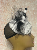 Black and White Striped Tweed Fascinator Half Hat for Church Head Covering, Tea Party, Wedding and Other Special Occasions