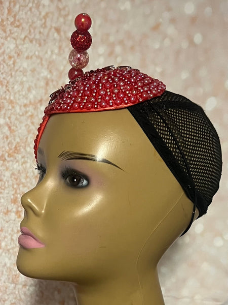 Red Beaded Double Teardrop Fascinator Hat, Church and Special Occasion Headwear