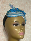 Light Blue Beaded Flower Double Cup Fascinator, Sea Blue Double Teardrop Church Special Occasion Half Hat
