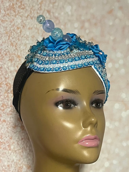 Light Blue Beaded Flower Double Cup Fascinator, Sea Blue Double Teardrop Church Special Occasion Half Hat