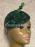 Green Rhinestone Bling Fascinator | Teardrop Half Hat for Church