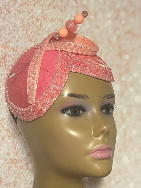 Salmon Pink and Peach Crystal Beaded Double Cup Fascinator Half Hat for Church Weddings and Special Occasions