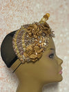 Gold and Beige/Khaki Beaded Flower Double Cup Fascinator, Church Special Occasion Half Hat