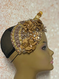 Gold and Beige/Khaki Beaded Flower Double Cup Fascinator, Church Special Occasion Half Hat