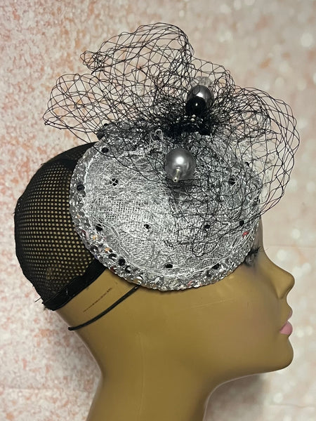Silver Sinamay Mesh Bling Fascinator Half Hat for Church, Tea Parties, Weddings and other special occasions