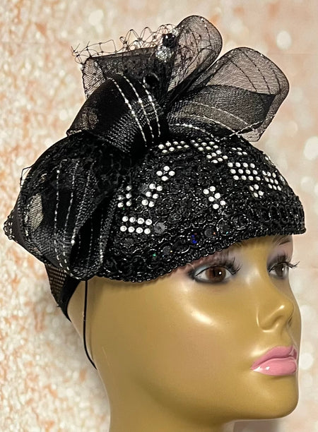 Black Sequin Lace Fascinator Half Hat for Church Head Covering, Weddings, Tea Parties and  Other Special Occasions
