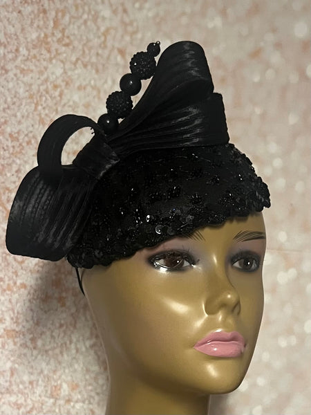 Black Beaded Teardrop Fascinator Half Hat for church, weddings, tea parties and other occasions