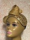Gold Sequin Beaded Fascinator Half Hat with Bow and Veiling for Church, Tea Parties, Weddings and other special occasions