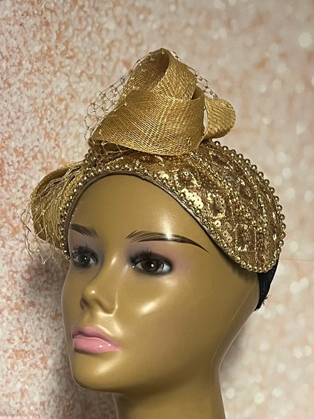 Gold Sequin Beaded Fascinator Half Hat with Bow and Veiling for Church, Tea Parties, Weddings and other special occasions