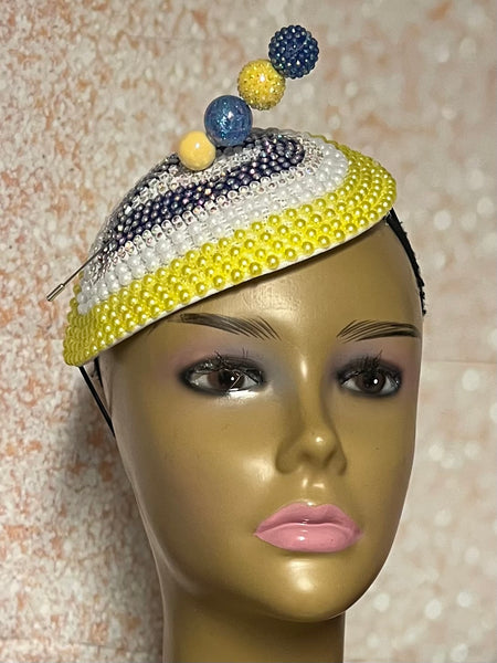 Yellow Beaded Rhinestone Fascinator Half Hat, for Church and Special Occasion