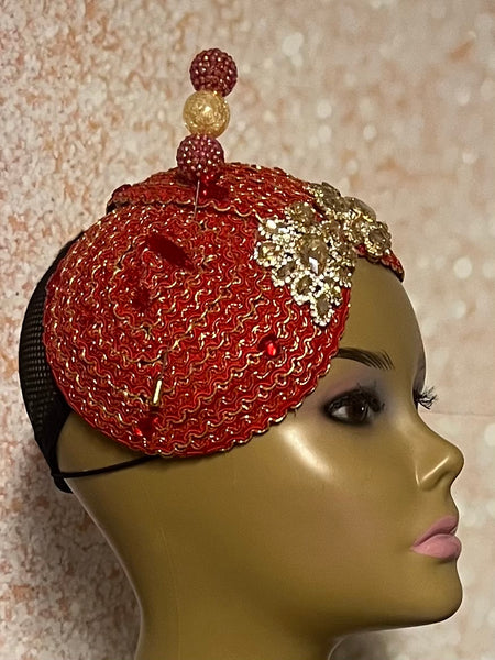 Red and Gold Fascinator, Red and gold  Half Hat for Weddings, Church, Tea Parties, and other Special Occasions