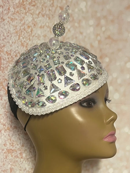 White Iridescent Rhinestone Teardrop Fascinator Half Hat for Church, Tea Party, Kentucky Derby, Wedding