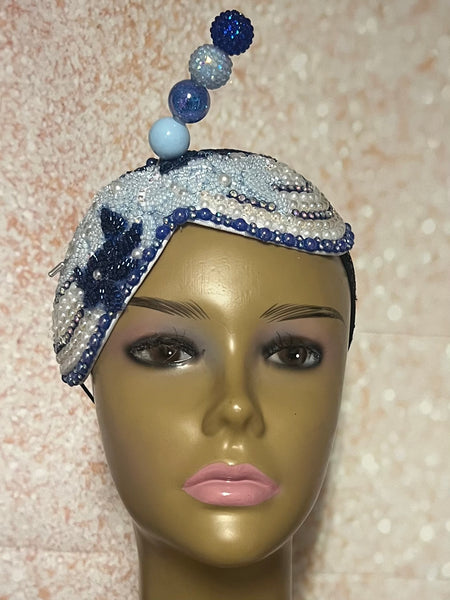 Beaded Double Teardrop Fascinator Hat, Royal Blue, Light Blue, Special Occasion Headwear