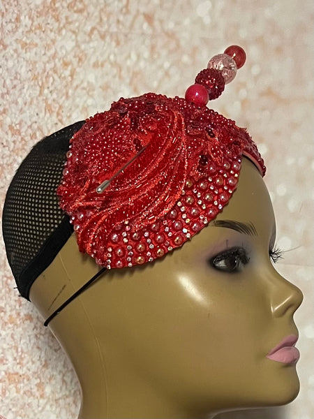 Red Beaded Double Cup Teardrop Fascinator Hat, Church and Special Occasion Headwear