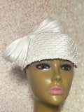 White Rhinestone Beaded Half Hat Fascinator for Church, Weddings and Special Occasion