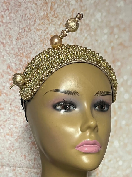 Gold Bead and Rhinestone Headband-Shaped Fascinator Half Hat for Church, Tea Parties, Weddings and other special occasions
