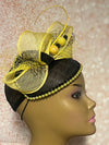 Yellow and Black Sinamay Beaded Teardrop Fascinator Half Hat, Church Head Covering, Headwear, Tea Parties, Weddings, other Special Occasions