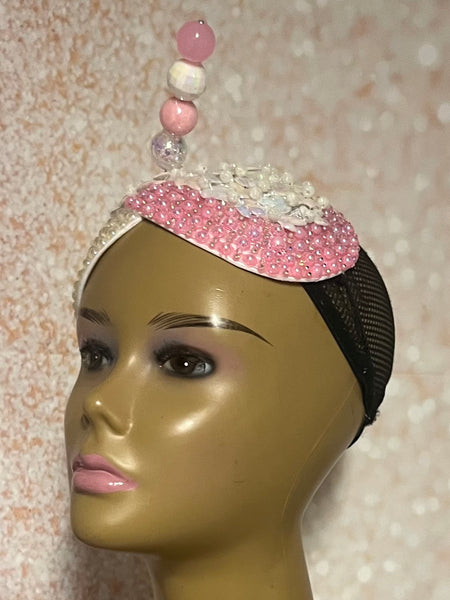 Pink and Off-White Iridescent Rhinestone Double Teardrop Beaded Fascinator