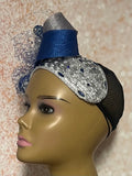 Silver and Blue Lace Rhinestones Studded Headband-Shaped Fascinator Half Hat for Church, Tea Party, Weddings and other special occasions