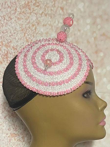 Pink and White Double Cup Beaded Rhinestone Fascinator for Church, Tea Parties, Weddings and Special Occasions