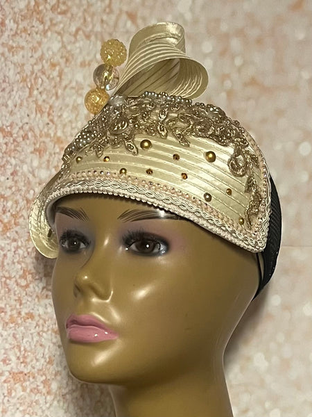 Gold/Beige Beaded  Rhinestone Fascinator Half Hat for Church, Tea Parties, Weddings and other special occasions