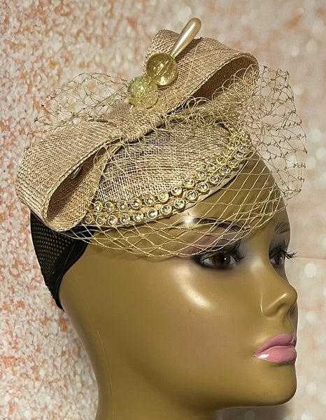 Gold Sinamay Rhinestone Bling Fascinator Half Hat for church, weddings, tea parties and other special occasions