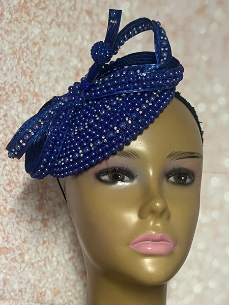 Blue and Round Beaded Rhinestone Fascinator for Church, Cobalt Blue Half Hat for Tea Parties, Weddings and Special Occasions