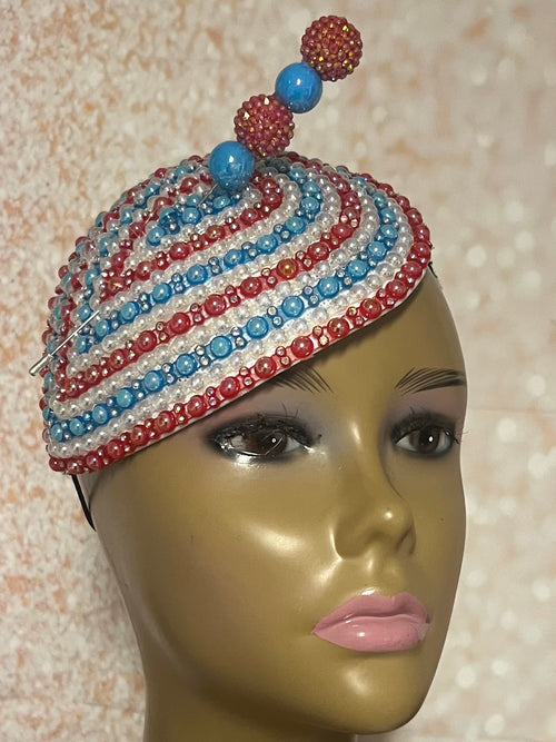 Red and Blue Beaded Teardrop Fascinator Half Hat, Church and Special Occasion Headpiece