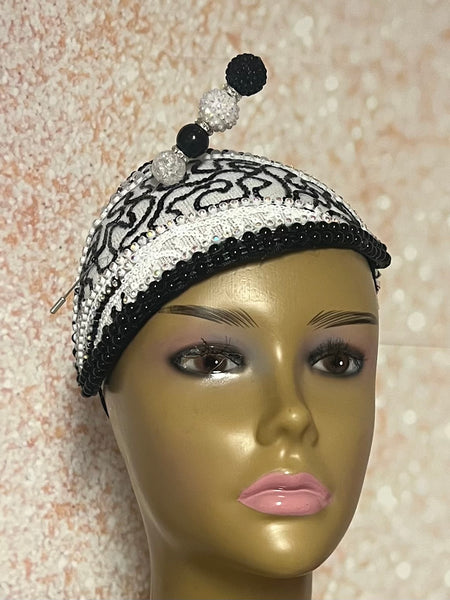 Black and White Beaded Lace Fascinator Half Hat for Church