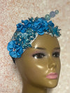 Light Blue Beaded Flower Double Cup Fascinator, Sea Blue Double Teardrop Church Special Occasion Half Hat
