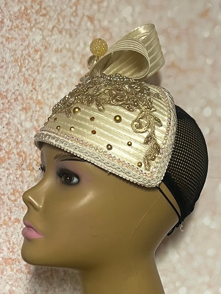 Gold/Beige Beaded  Rhinestone Fascinator Half Hat for Church, Tea Parties, Weddings and other special occasions