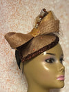 Bronze and Gold Sinamay Teardrop Fascinator half hat for church, weddings, tea parties, and special occasions.