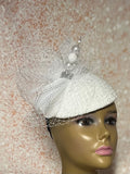 White Tweed Half Hat Fascinator for weddings, church, tea parties and special occasions