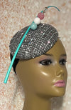 Gray Tweed Fascinator Half Hat, Button Pillbox Hat for Church head covering, Tea Party, Wedding, and other Special Occasions